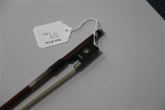 A German nickel mounted violin bow, stamped W E Dorfler, 64g